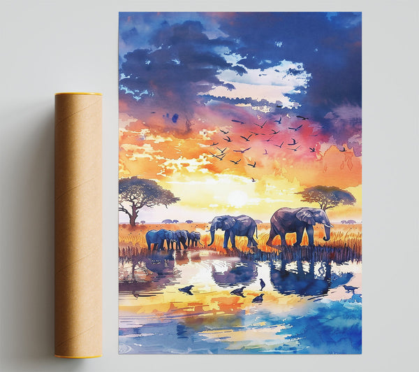 Blue Sunset Elephants Poster
