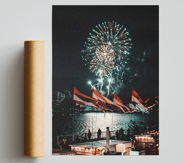 Teal Fireworks Celebration Giclee Print