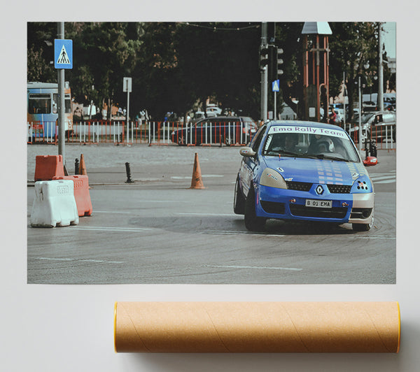 Blue Rally Car Turn Giclee Print