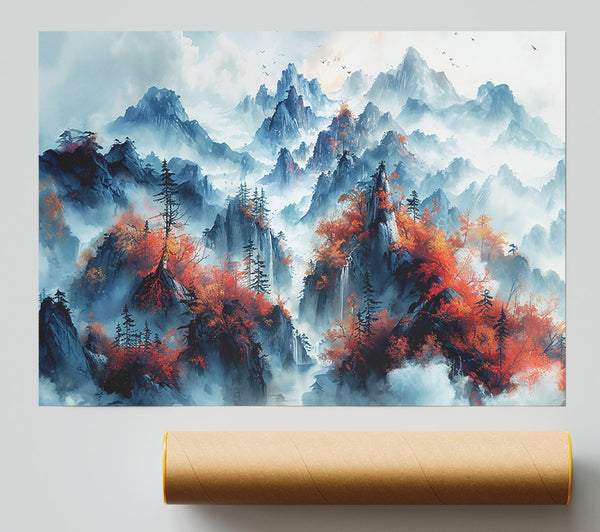 Azure Peaks In Crimson Print