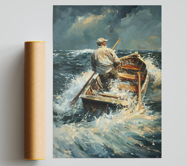 Blue Boat In Stormy Sea Print