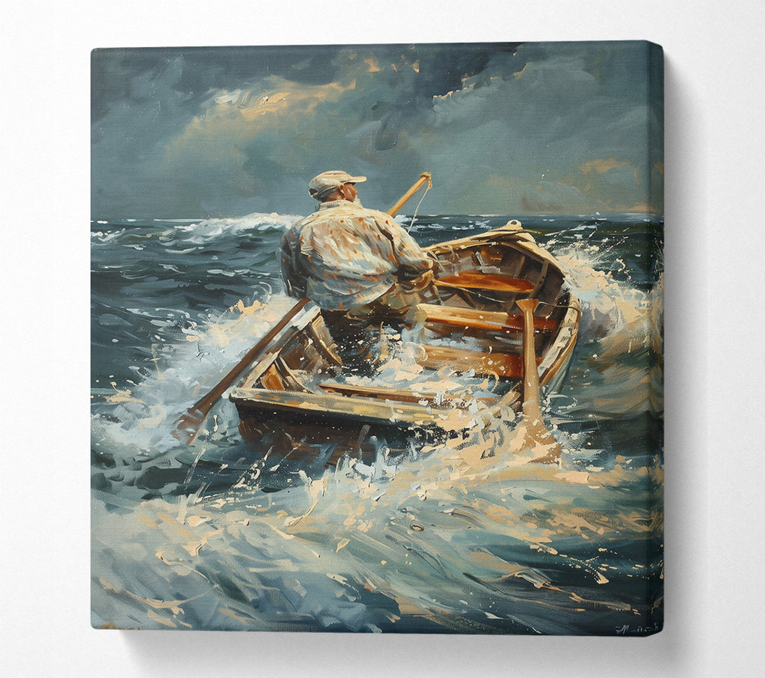  A Canvas Print of Blue Boat In Stormy Sea Canvas Wall Art