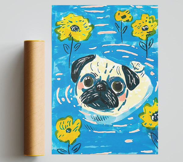 Blue Floral Pug Poster
