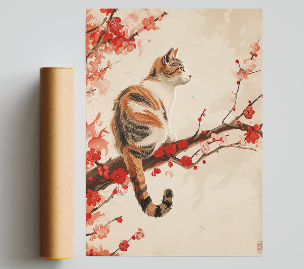 Red Blossom Cat Poster