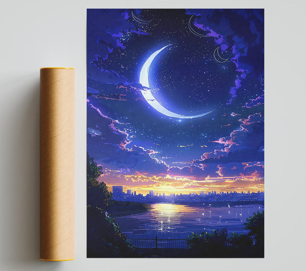 Indigo Crescent Skyline Print