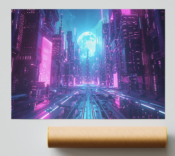 Pink Neon Cityscape Print