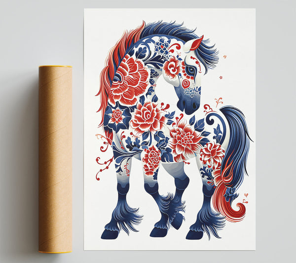 Blue Floral Stallion Giclee Print