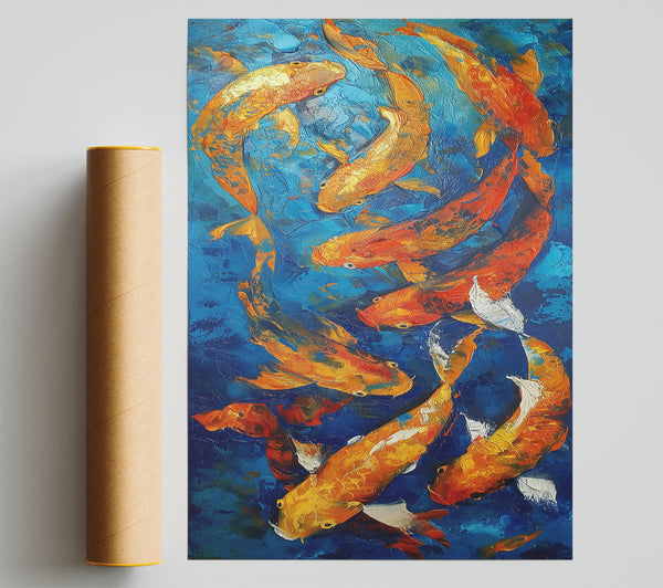 Golden Koi On Blue Print