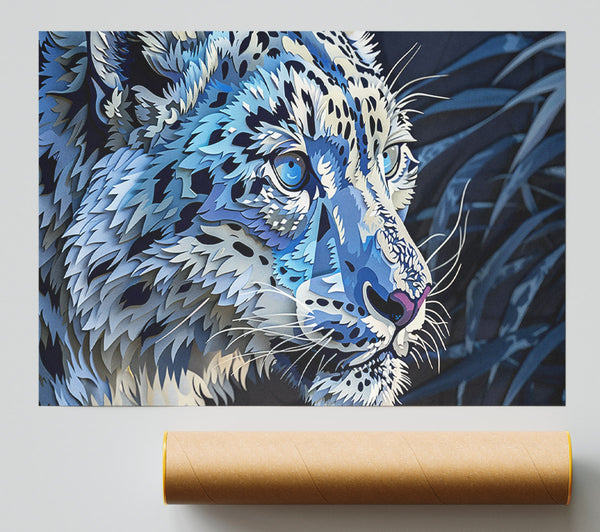 Blue Paper Snow Leopard Poster