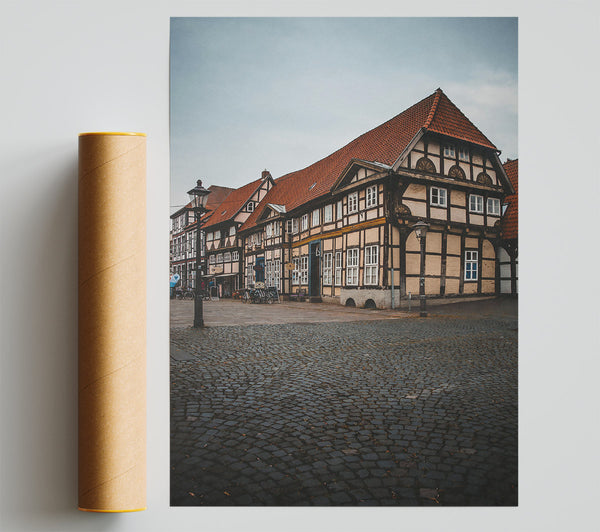 Red Roof Cobblestone Street Giclee Print