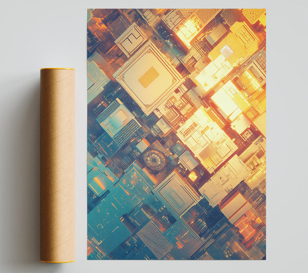 Golden Cityscape Grid Print