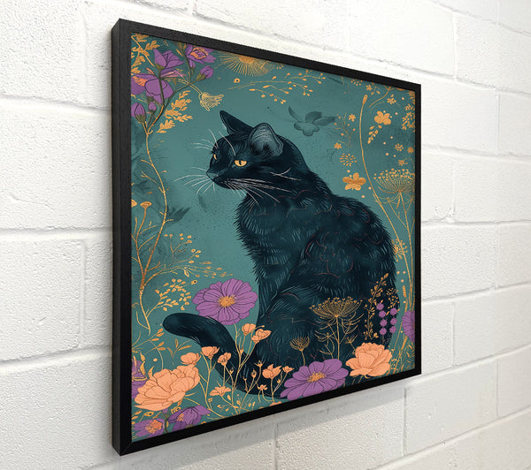 Teal Cat And Flowers