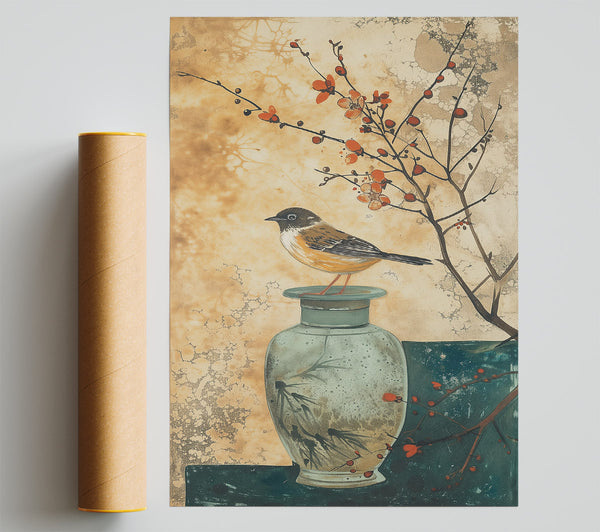 Teal Bird On Branch Poster