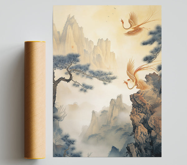 Golden Birds In Mist Print