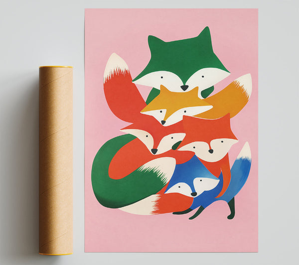 Green Fox Family Hug Poster