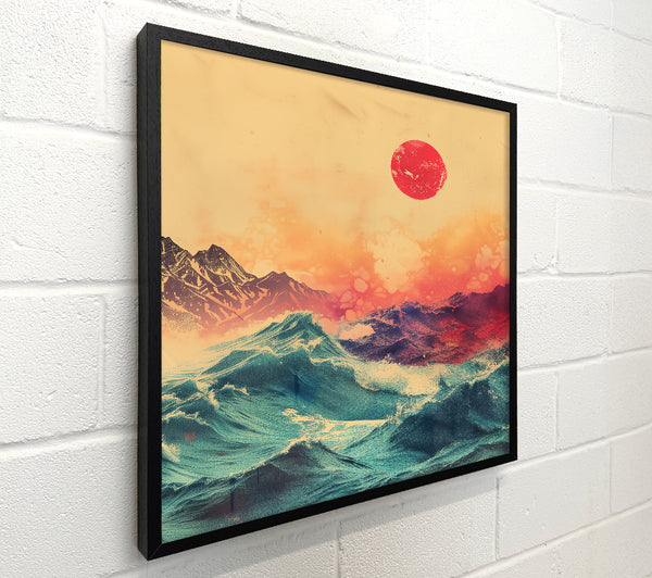 Teal Waves And Red Sun