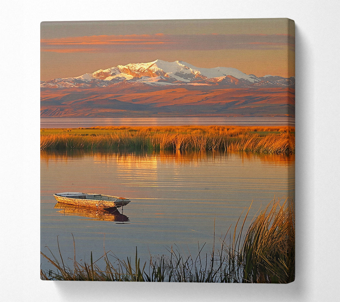  A Canvas Print of Golden Boat At Sunset. Canvas Wall Art
