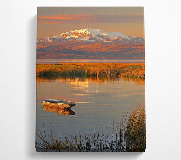  A Canvas Print of Golden Boat At Sunset. Canvas Wall Art