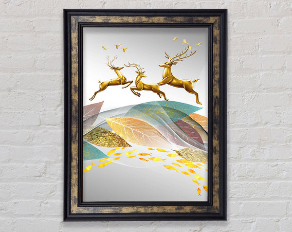 Deer Jumping Over Leaf'S Framed Print