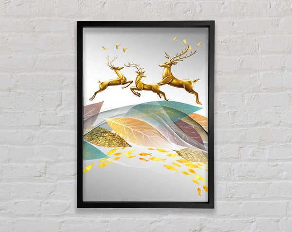 Deer Jumping Over Leaf'S Framed Print