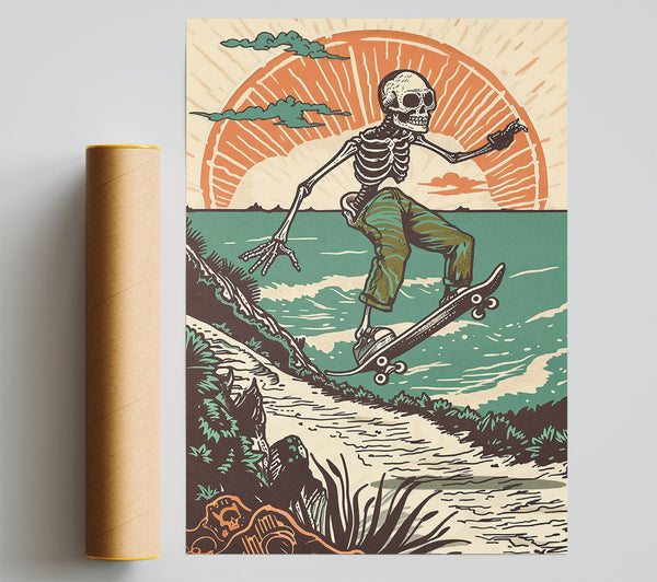 Teal Sunset Skateboarding Print