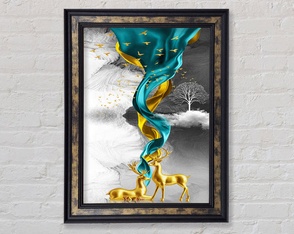 Deer Waves Blue And Gold Framed Print