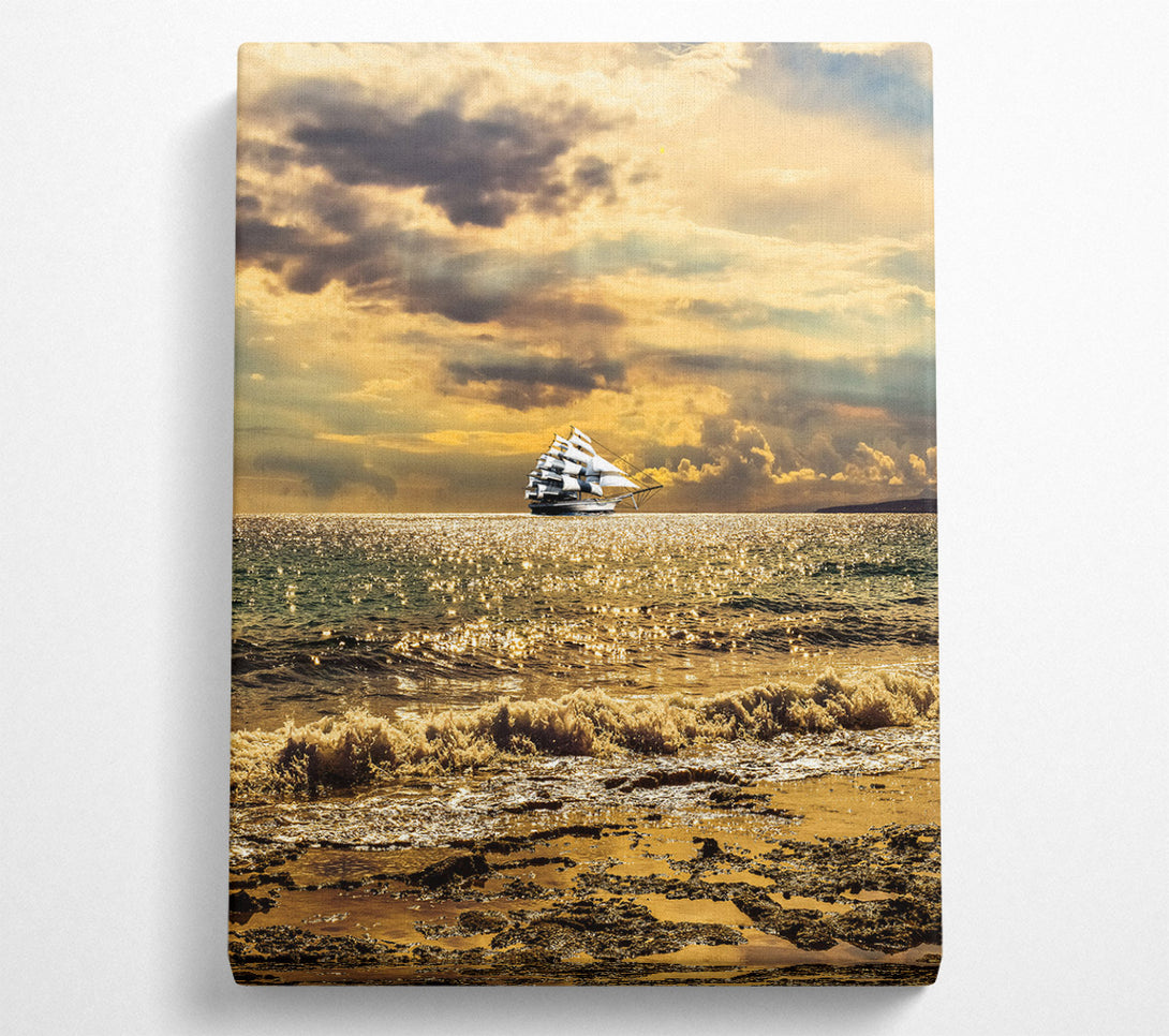  A Canvas Print of Distant White Ship On Golden Sea Canvas Wall Art