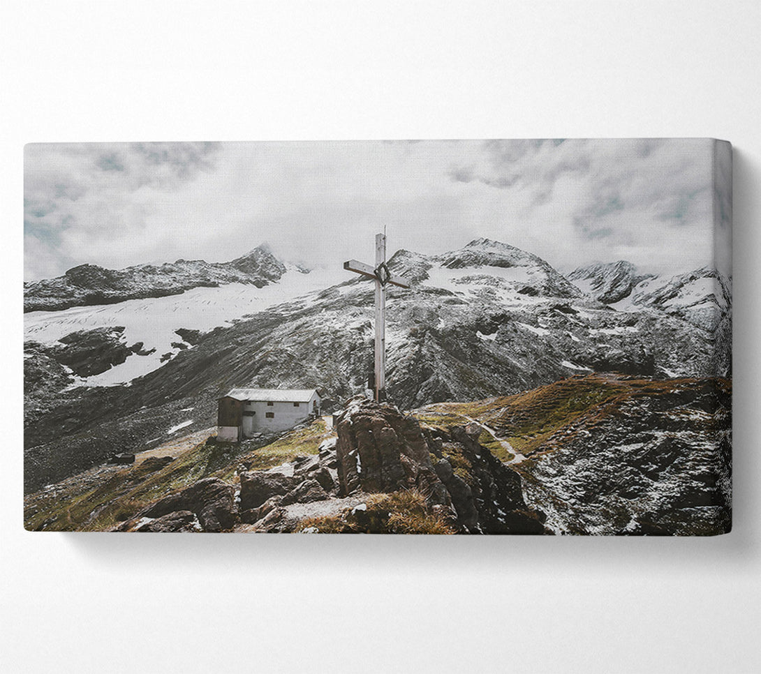  A Canvas Print of White Cross On Snowcapped Peaks Canvas Print