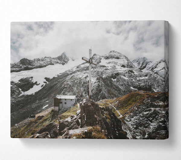  A Canvas Print of White Cross On Snowcapped Peaks Canvas Print
