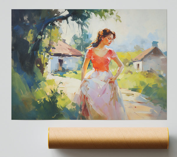 Orange Dress In The Fields Poster