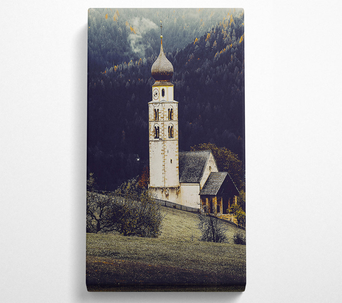 A Canvas Print of White Church In Foggy Hills Canvas Wall Art