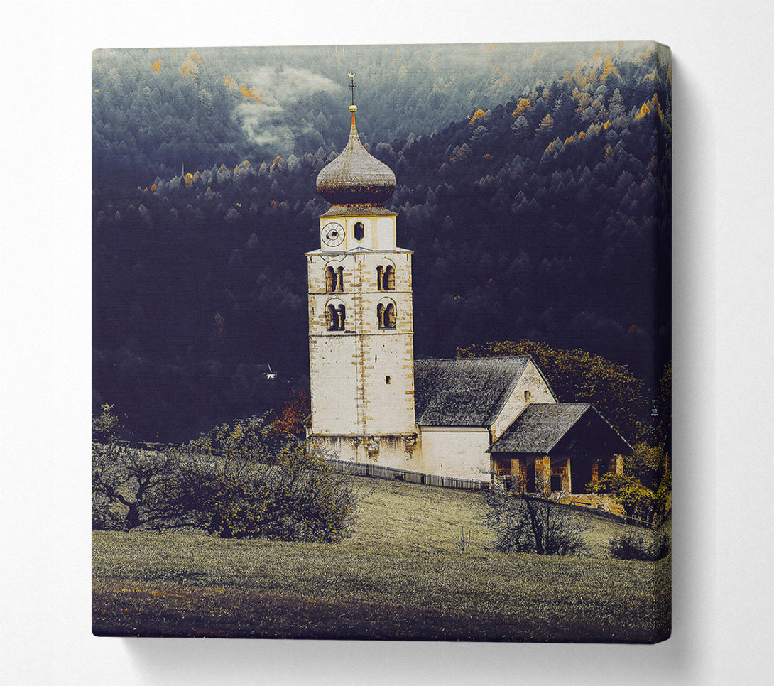  A Canvas Print of White Church In Foggy Hills Canvas Wall Art