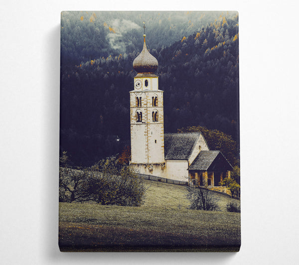  A Canvas Print of White Church In Foggy Hills Canvas Wall Art