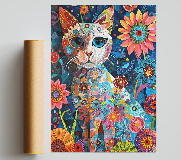 Blue Floral Feline Giclee Print