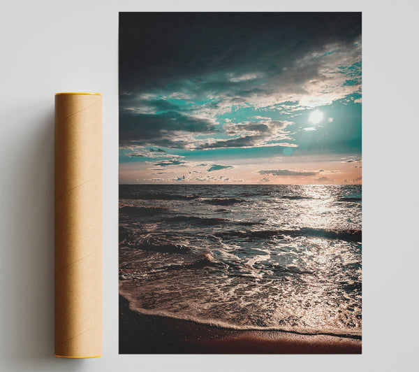 Teal Sunset Sea Poster