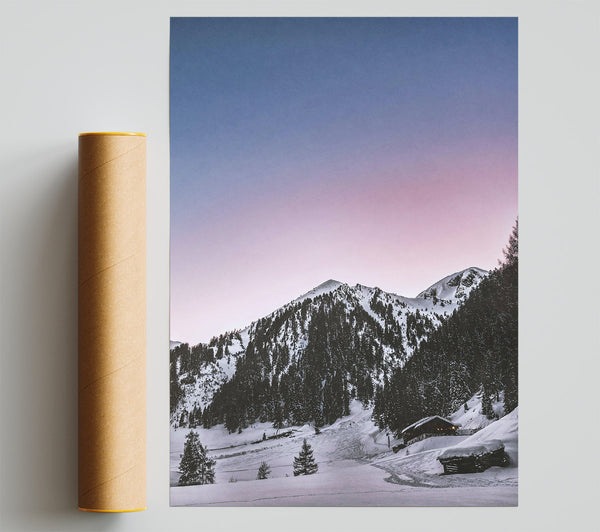 Pink Sky Mountain Cabin Print
