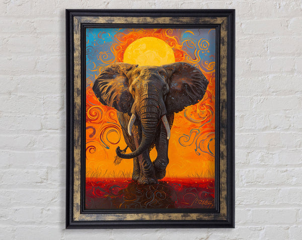 Elephant Burning Sun Framed Print