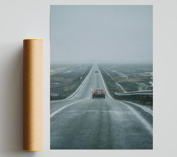 Red Car Through Foggy Road Poster