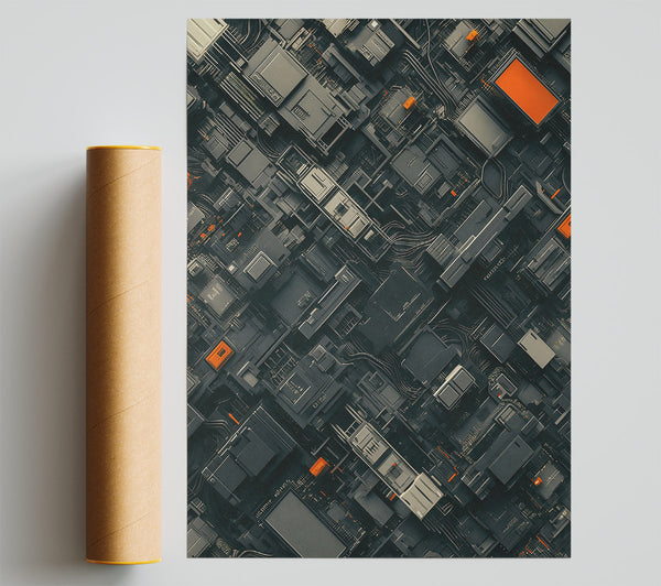 Orange Circuitry Grid Print