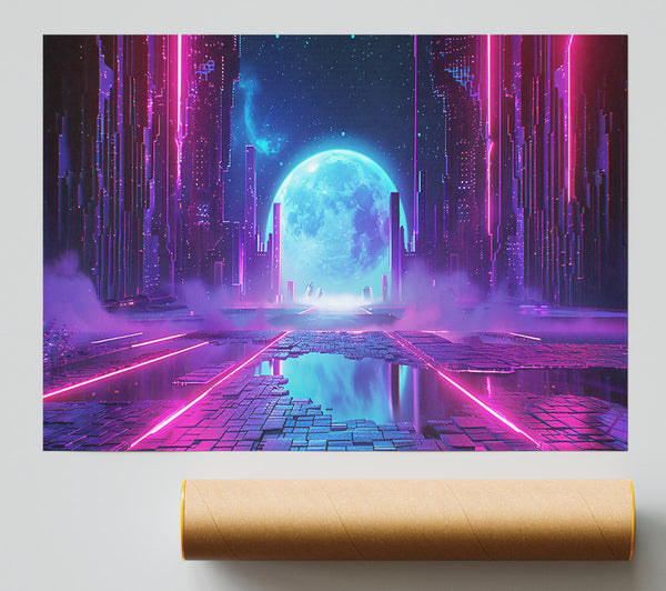 Neon Cityscape Moon Giclee Print