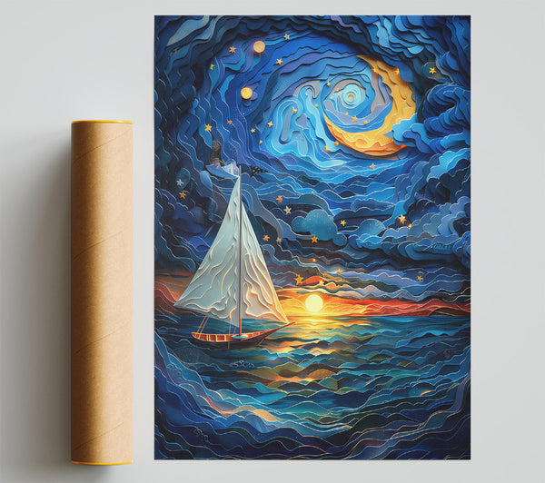 Blue Night Sailboat Poster