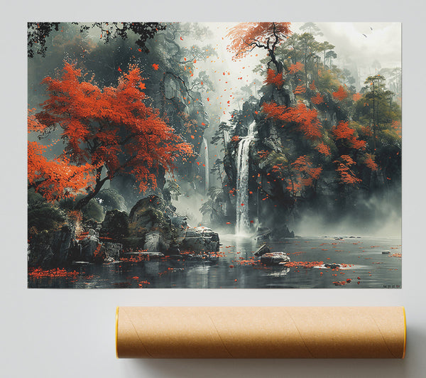 Crimson Waterfall Mist Poster