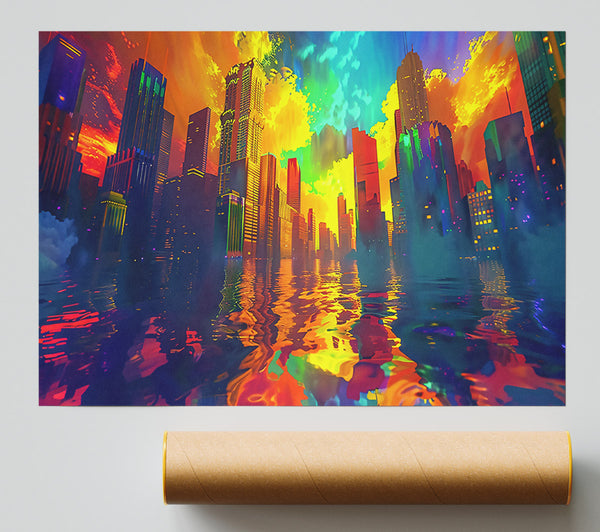 Neon Yellow Skyline Reflected Print