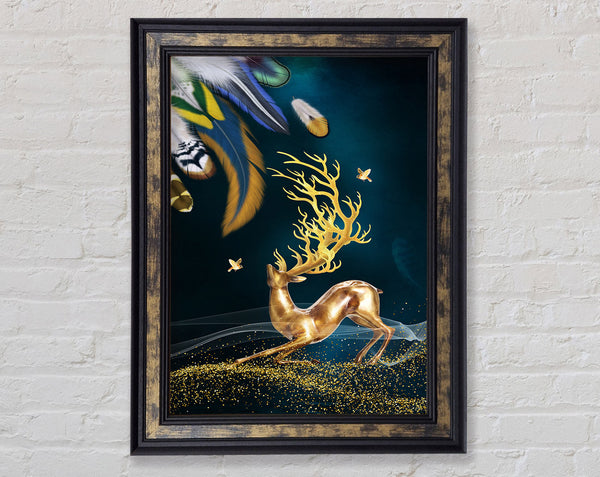 Feathers And Gold Reindeer Framed Print