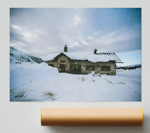 White Snowy Cabin Poster