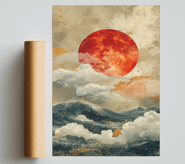 Crimson Sky Over Waves Poster
