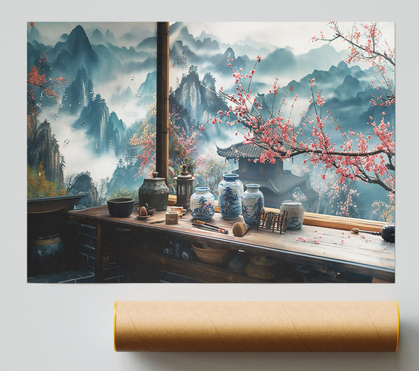 Blue Vases And Mountains Giclee Print