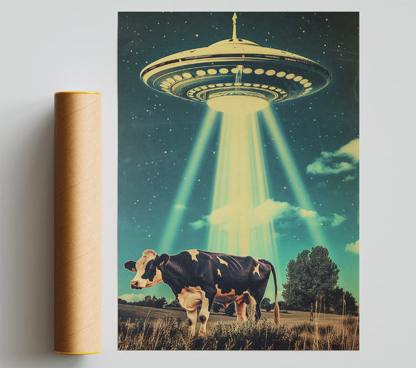 Teal Cow Abduction Poster