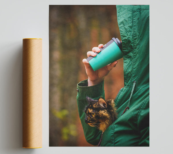 Green Coffee With Cat Print