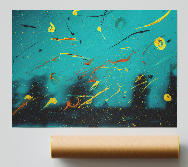 Teal And Yellow Drips Poster